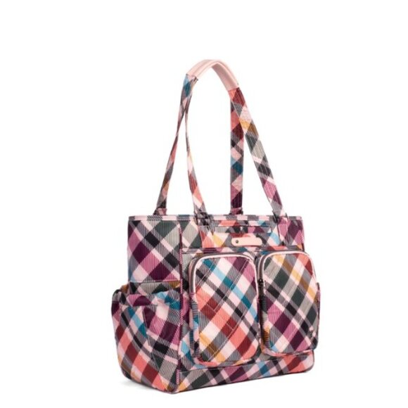 Lug Trotter Tote Bag Pink Plaid with matching Lug Drizzle Mini Zip Storage Pouch - Picture 2 of 16